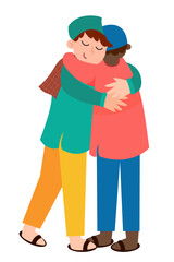 Diverse friends embracing, cartoon illustration of multicultural friendship and unity.