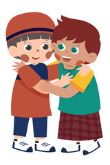 Two Boys Embracing: Cartoon Style, Friendship, Happiness, Diversity, Childhood.