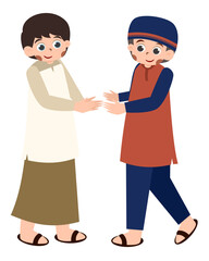 Cartoon Boys in Traditional Garb, Greeting with Hand Gesture, Flat Vector.