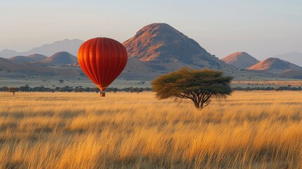 Obraz premium Serene African Savanna Hot Air Balloon Ride at Sunrise