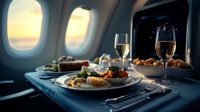Food and drinks are on the table, ready to eat during the first class flight