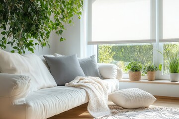 Bright living room with white sofa, pillows, and plants near the window. Showcase home decor, interior design, or peaceful living spaces.