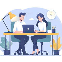 Flat-style vector of two people working together in a neat productivity workspace. Clean colors and shapes, perfect for team and office themes.