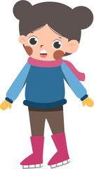 Cartoon Girl with Buns, Pink Scarf, and Ice Skates, Looking Surprised.