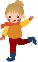 Cheerful Girl Ice Skating with Scarf, Cartoon Illustration