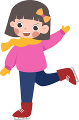 Smiling Girl Figure Skating, Pink Sweater, Yellow Scarf & Bow, Red Skates, Blue Pants, Cartoon Style.