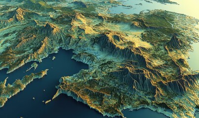 Aerial view of Greece's diverse terrain, mountains, and coastline at sunset; ideal for travel, geography, or environmental studies