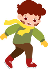 Animated boy ice skating, wearing yellow scarf, green sweater, red skates, winter fun.