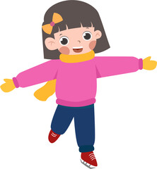 Smiling girl with bow, scarf, and skates, enjoying ice skating.