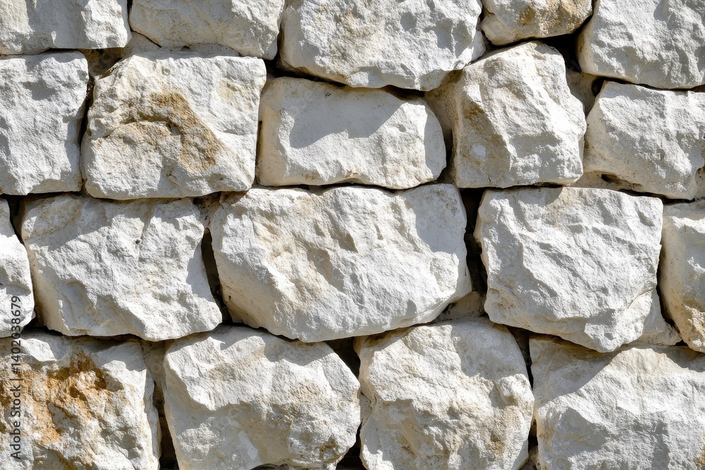 Poster rough, white stone wall built with irregular blocks and shadow details. use it as texture, backgroun
