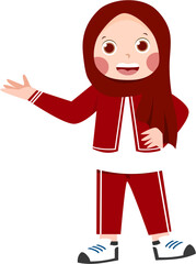 Smiling Girl in Hijab and Tracksuit, Open Hand Gesture
