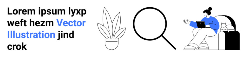 Potted plant, magnifying glass, person working on a laptop in armchair. Ideal for work-life balance, remote work, creativity, inspiration, research, tech lifestyle flat landing page banner