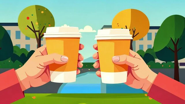 Two paper cups with drink in hands, outdoors, vector cartoon style. Coffee to go concept, on a walk in the city