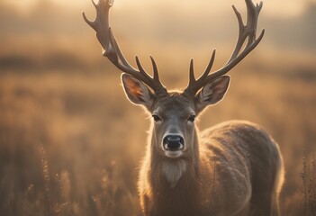 Obraz premium sunny charming meadow exuding sense sunrise stands antlers wonderment deer large animated calm surrounded background beautifully blurred landscape cute timberland antler animation cartoon nature