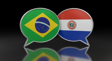 Fototapeta premium Dialogue Between Brazil and Paraguay: Glossy Speech Bubbles Reflecting National Identities