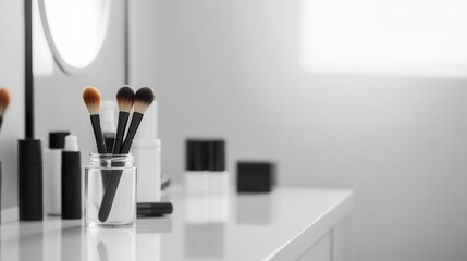 A minimalist makeup vanity featuring brushes and skincare products in soft natural light