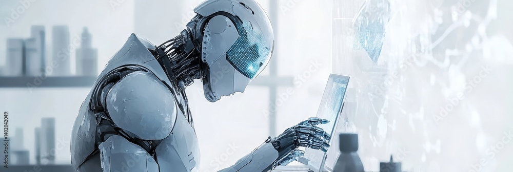 Poster advanced robotic technology at work - a futuristic robot diligently works on a laptop, showcasing ad