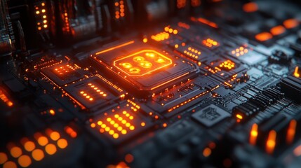 Obraz premium Close-up of Glowing Circuit Board: A Technological Marvel