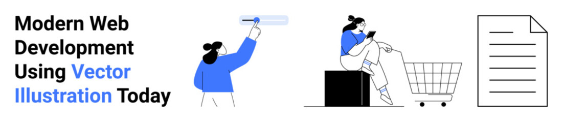 Designer editing layout, shopper with cart browsing, and digital document highlight web development, modern tools. Ideal for e-commerce, software, creativity, technology, digital marketing agile