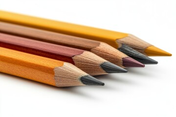 Close up of Four Sharpened Colored Pencils with Wooden Bodies Arranged on White Background