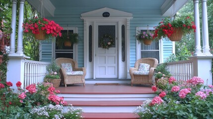 Charming Porch of a Light Blue House with Vibrant Flowers