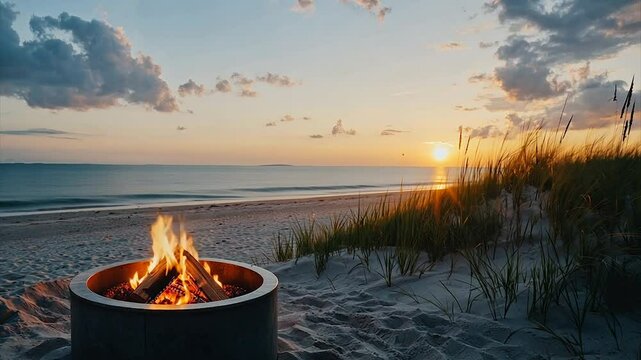 Sunset beach bonfire in round fire pit