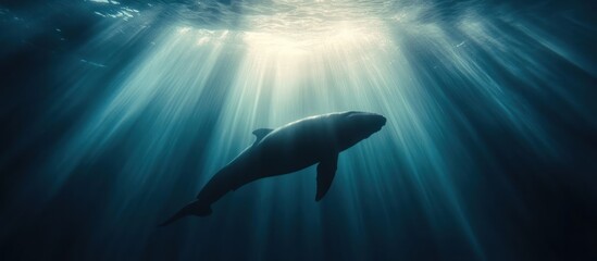 Silhouette of a whale swimming in sunlit ocean depths.