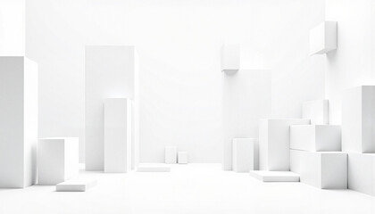 Minimalist white geometric shapes in an empty space  