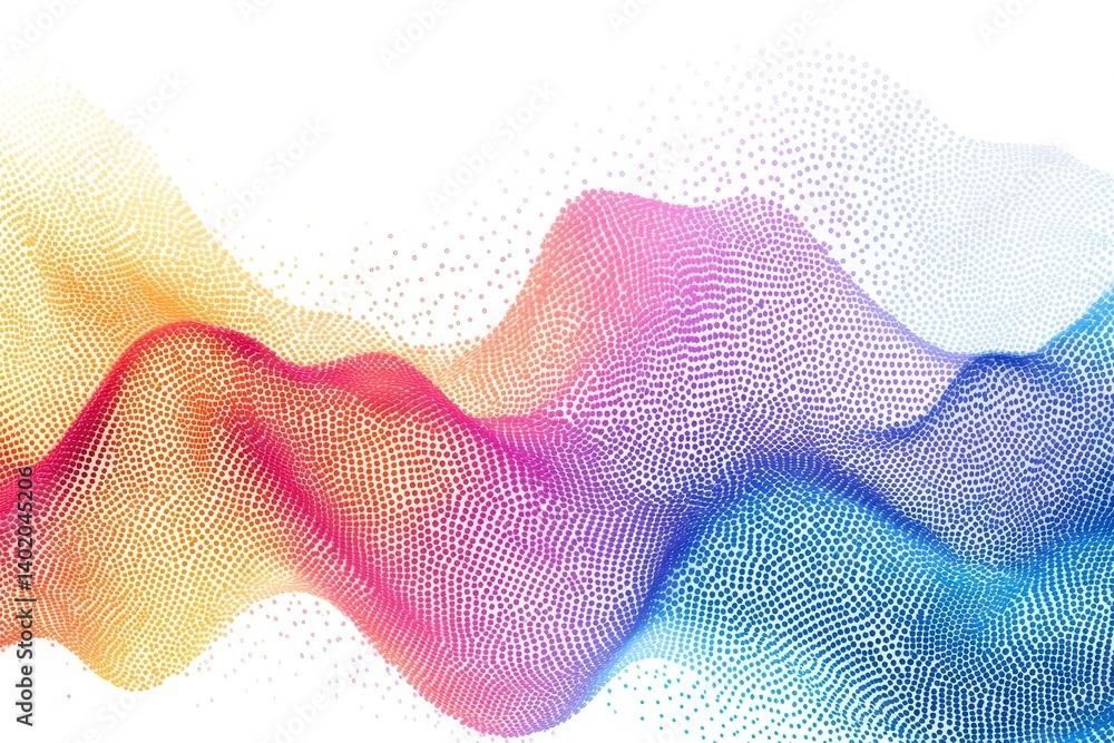 Poster abstract flowing waves made of colorful halftone dots on a white background. perfect graphic element