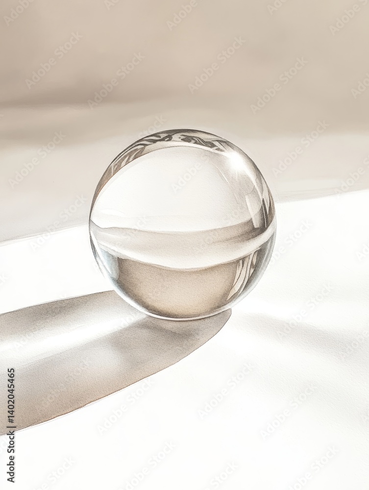 Poster crystal sphere reflection - a clear glass sphere rests on a white surface, casting a subtle shadow. 