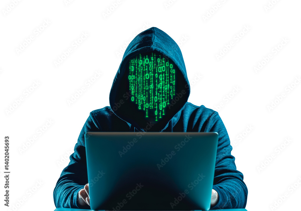 Poster hacker in hoodie with green code on face typing on laptop png