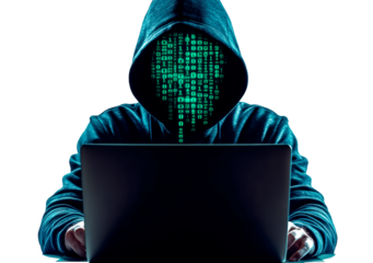 Hacker in dark hoodie green binary code on face using laptop PNG