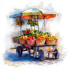 Vibrant Fruit Cart A Colorful Illustration of Tropical Produce.