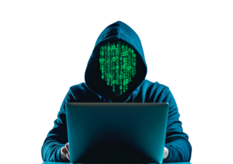 Hacker in hoodie with green code on face typing on laptop PNG