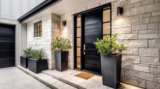 A modern home entrance featuring a blackened wooden door with white limestone stone accents