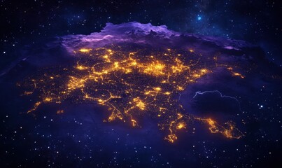 Obraz premium City lights at night from space, star background, urban sprawl, futuristic illustration, website banner