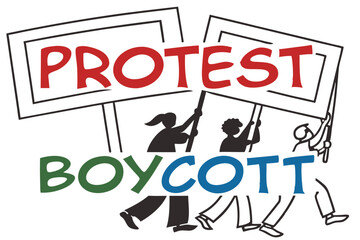 39 Protest signs, boycott placards, multiple colors, red green blue, rectangular signs, overlapping text, crowded composition, graphic design style, vectorized illustration, social activism concept, b