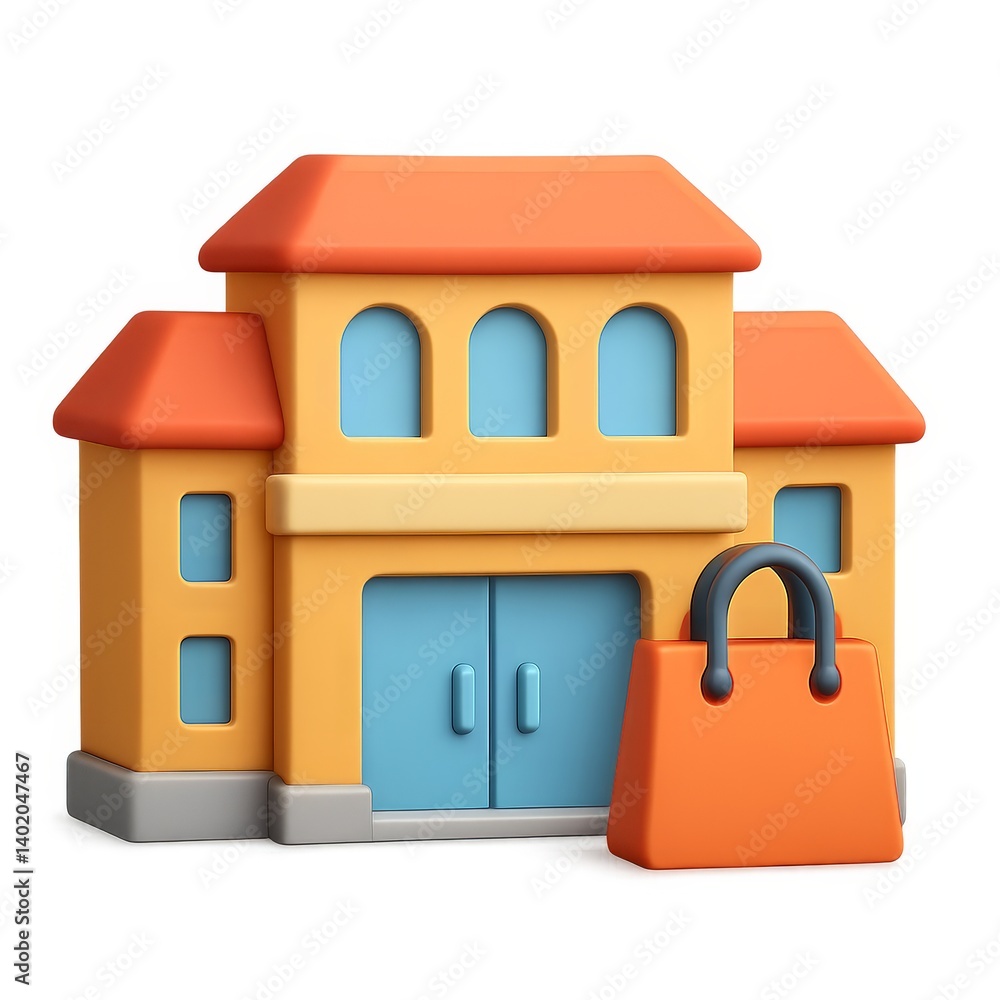 Poster 3d icon of simple mall building with shopping bag design element