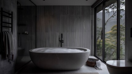 A modern, minimalist bathroom with a stunning mountain view.