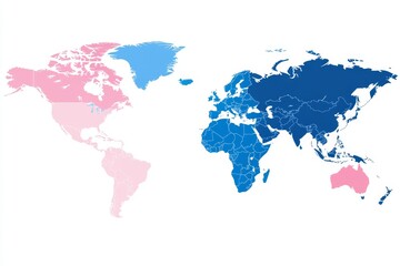 Fototapeta premium Global Regions Map - A world map illustrating two distinct regions in pink and blue, ideal for presentations or reports