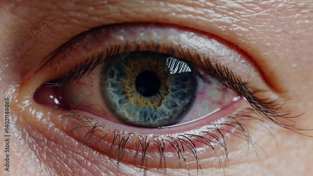 Poster close-up video shot of a human eye, capturing intricate iris details. the macro angle highlights tex
