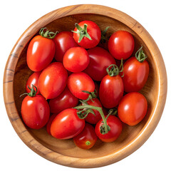 wooden bowl with fresh red cherry tomatoes isolated on transparent background