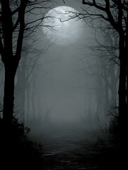Obraz premium Eerie Moonlight Illumination Through Silhouetted Forest Landscape Scenery