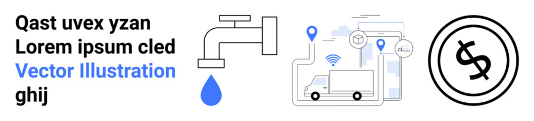 Faucet dripping water, map with truck and location pins, and a circular dollar sign. Ideal for sustainability, transport, logistics, finance, business, conservation abstract line flat metaphor