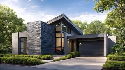 A modern house with a sleek triangular design, featuring expansive windows and an exterior wall made of dark gray stone for the garage entrance