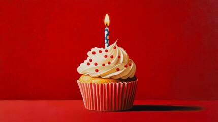 Colorful birthday cupcake with polka dot candle on bright red background for festive celebration themes, party invitations, greeting cards, and holiday dessert concepts