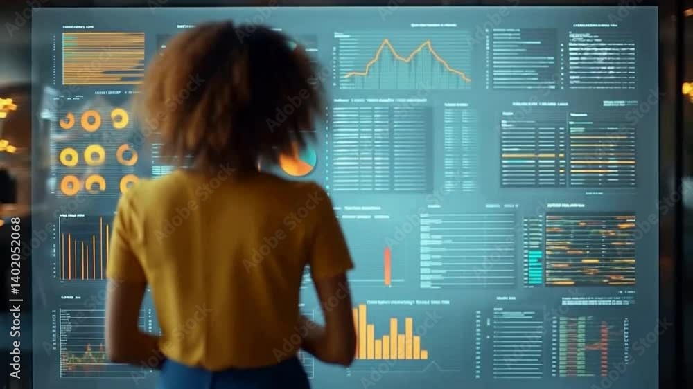 Poster data analyst reviewing metrics: a focused female data analyst examines a large screen filled with co