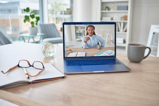 Laptop video conference, zoom call and online meeting in lockdown, quarantine and social distancing. Training, education or presentation with talking business woman in office for webinar or education