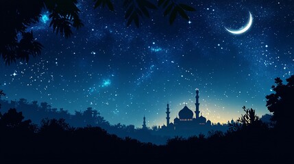 A mosque silhouette under a starry night sky with a crescent moon