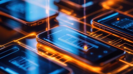 A close-up view of multiple smartphones displaying vibrant digital interfaces on a tech background